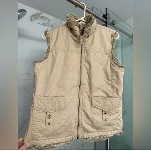 Beige Sleeveless Vest with Faux Fur Trim